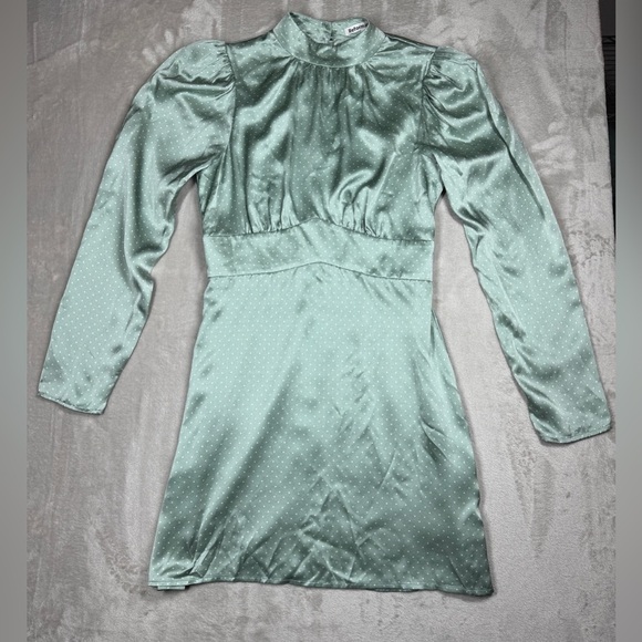 Reformation 100% Silk Samuel LS Mint Polka Dot Long Puff Sleeves Mini Dress 2 - Picture 1 of 17